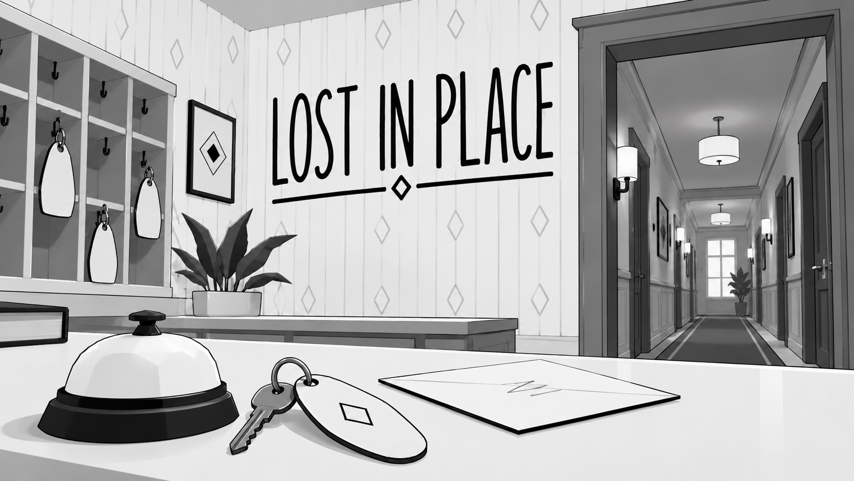 Lost in Place promotional cover showing the monochrome hotel reception