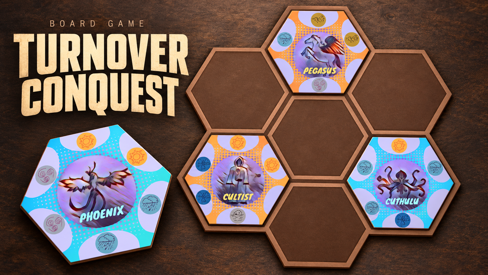 Turnover Conquest cover featuring the board and Pegasus, Cultist, Cthulhu and Phoenix character cards
